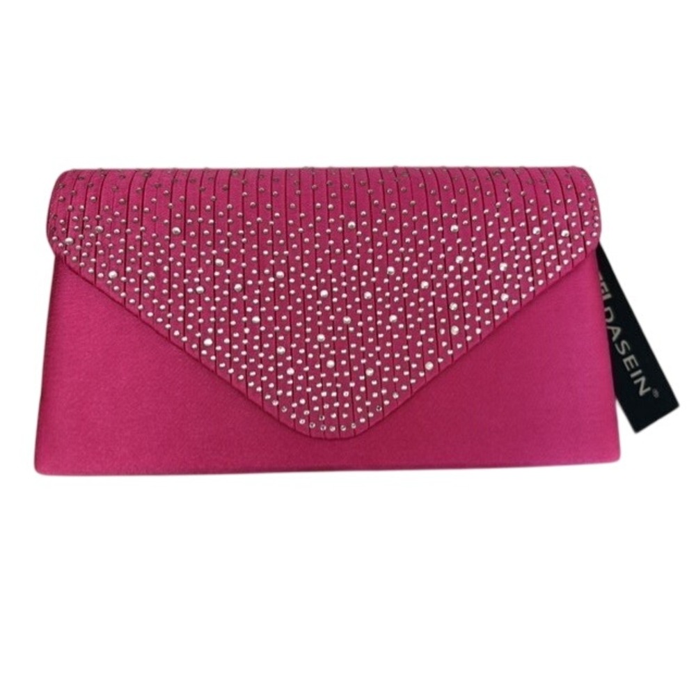 Dasein Women Fuchsia Pink Satin Rhinestone Pleated V-Flap Evening Clutch Bag